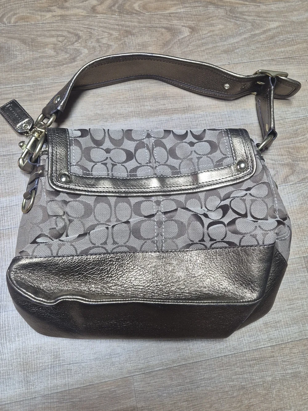 Coach Metallic Silver Signature Canvas Shoulder Bag